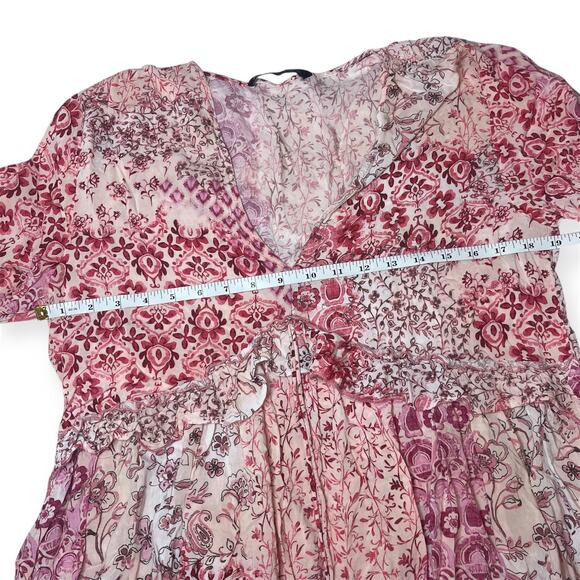 Zara Boho Patchwork Floral Dress Pink Red Long Sleeve Tassel Tie Mini Sz Small - Picture 10 of 12